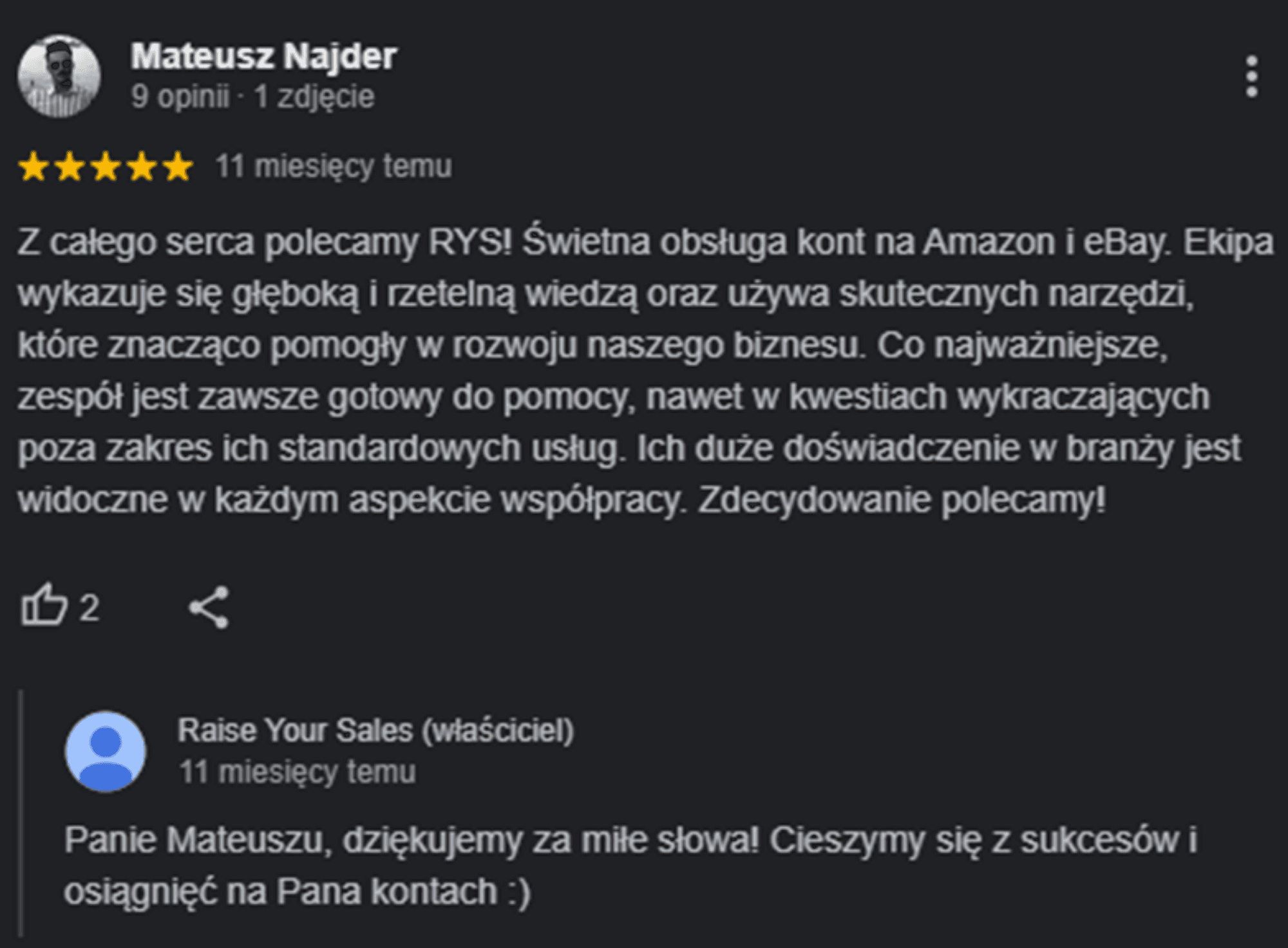 Opinia Google Mateusza Najdera o współpracy z Raise Your Sales