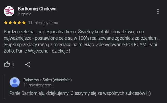 Opinia Google klienta marki Lakma o współpracy z Raise Your Sales