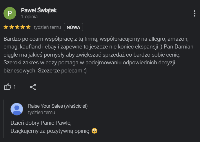Opinia Google klienta marki Taphiceros o współpracy z Raise Your Sales